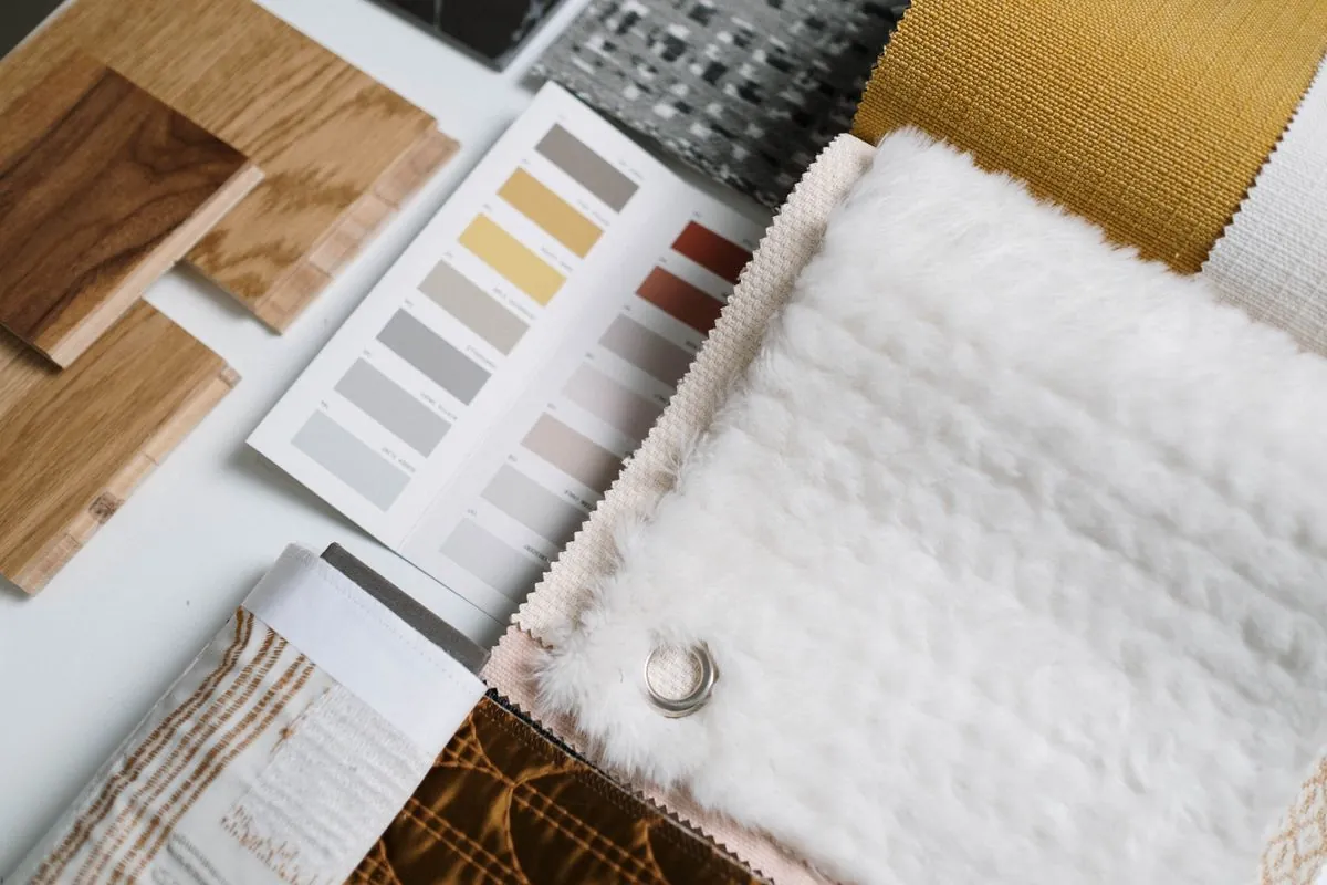 Wood and colour samples laid out on a table